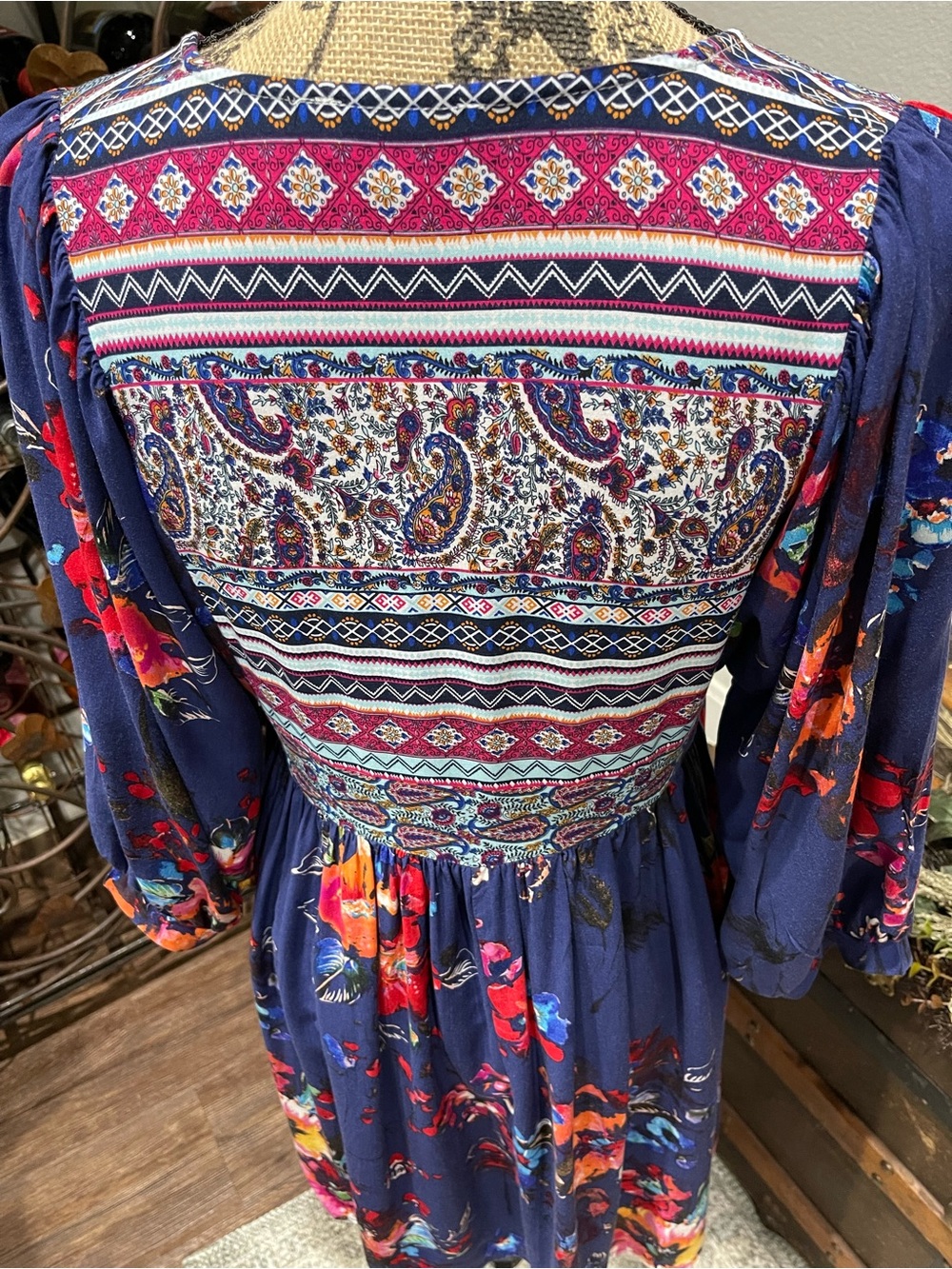 Umgee Boho Floral V-Neck Smocked Waist Dress in Navy - Picture 7 of 9